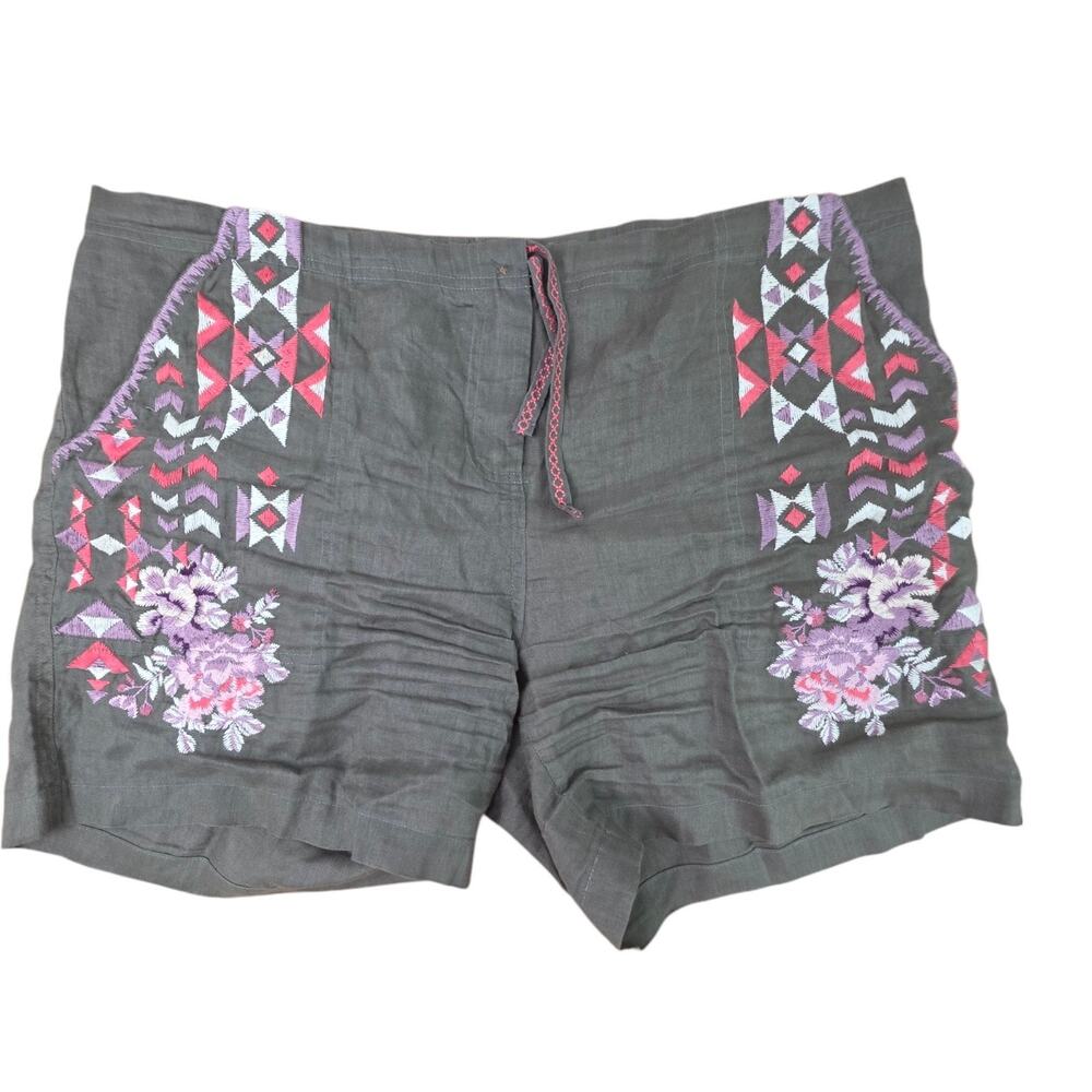 Driftwood Trevor Classic Fit Floral Embroidered Green Linen Shorts Size Large